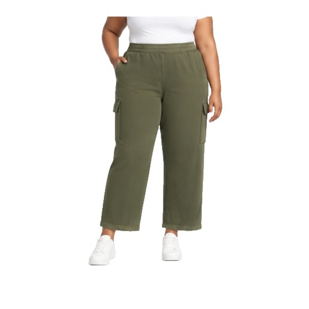 Terra & Sky Womens Plus Size 3X Olive Cargo Pants French Terry Wide Leg 28in